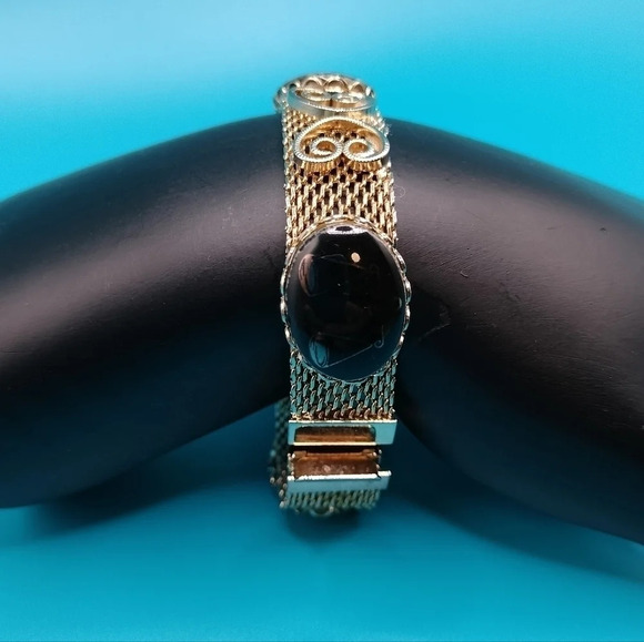 Gorgeous Vintage Goldtone Black Brown Stone Buckle Bracelet Slide Closure Mesh - Picture 2 of 6